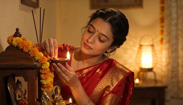 Indian woman lighting brass diya at home altar in red silk sari with marigold garland