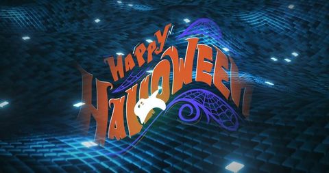 3d happy halloween text with ghost and web on futuristic blue grid