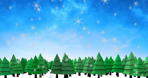 Snow Falling Over Fir Trees in Winter Landscape under Starry Sky
