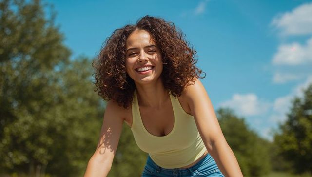 Cheerful Woman Enjoying Sunny Day in Park Outdoors