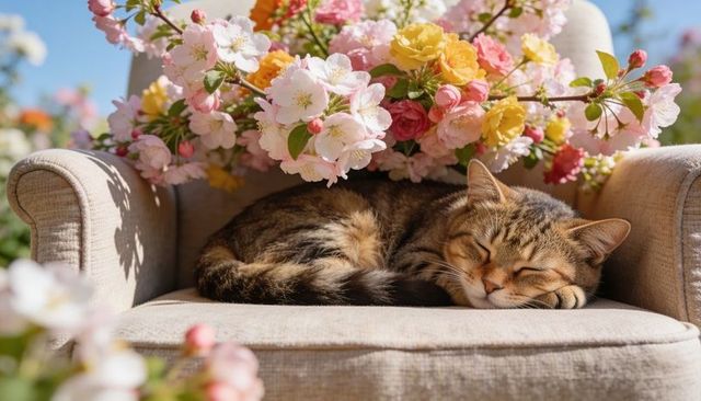 Tabby cat napping on beige armchair surrounded by spring blossoms