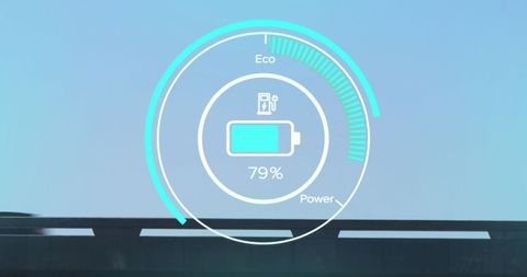 Digital battery interface overlay on skyline background