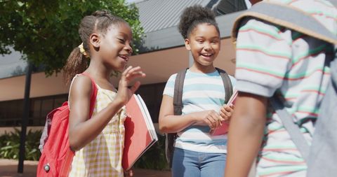 Happy Schoolchildren Chatting Outside School Building - Download Free Stock Images Pikwizard.com