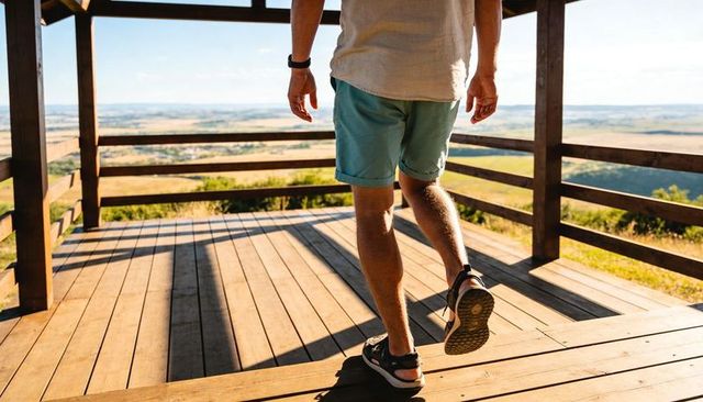 Man walking toward railing on wooden deck displaying wristwatch overlooking sunlit countryside