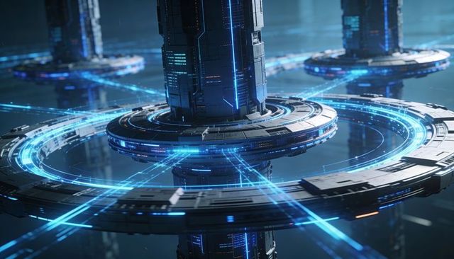 Futuristic energy ring network encircling central tower in high-tech space station hub
