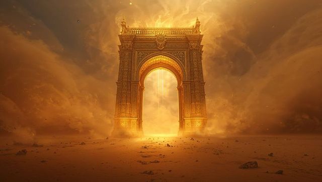Golden Ornate Arch in Desert with Mystical Atmosphere