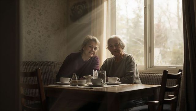 Sunlit morning: senior women sipping tea in cozy dining nook, sharing gentle conversation