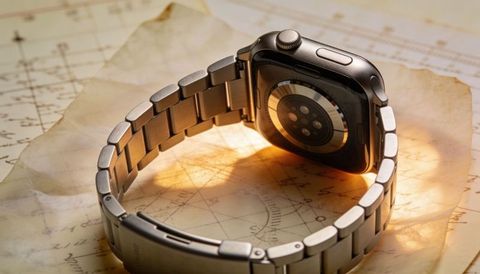 Stainless steel smartwatch back showing optical sensors and metal bracelet on vintage map