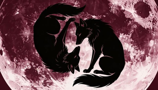 Yin-yang wolf silhouettes on blood-red full moon, lunar duality vector artwork