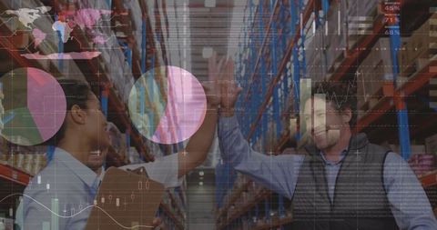 Business Data Success: Warehouse Team High-Fiving with Statistical Overlay