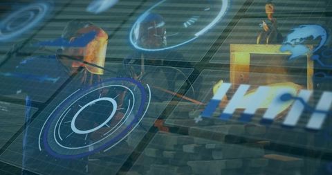 Construction Workers Wearing Face Shields Handling Bricks with AR HUD in Workshop