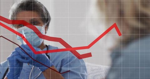 Mature clinician examining patient wearing mask and gloves with healthcare data overlays
