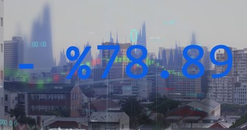 Urban cityscape with financial data overlay