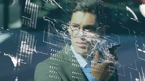 Man Interacting with Futuristic Digital Overlays in Urban Setting