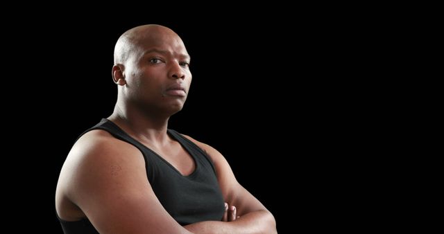 This image captures a confident bald man with arms crossed, wearing a black tank top against a black background. The serious expression and strong posture make this image suitable for themes related to strength, determination, fitness, personal confidence, or motivational content.