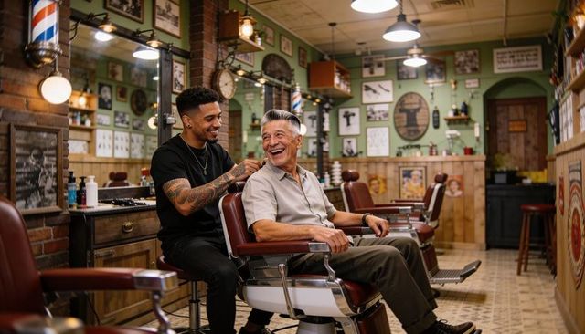 Tattooed barber cutting senior client hair smiling in vintage barbershop with classic vibe