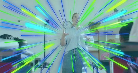 Teacher holding clock leading engaging classroom with vibrant radial light burst graphics