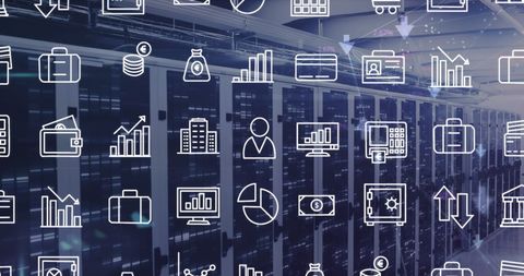 digital business icons over computer server room illustrating data storage - Download Free Stock Images Pikwizard.com