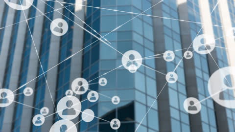 Global Network Connections on Modern Skyscraper Background