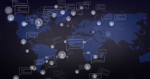 Global communication network with chat bubbles and avatars on world map