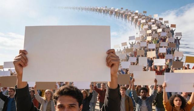 Young man holding blank placard in front of large protest crowd marching with empty signs