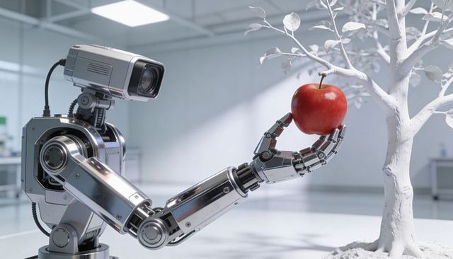Robotic arm holding red apple from white tree in high-tech laboratory with chrome finish