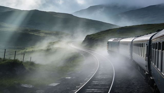 Gliding train on curved tracks through misty highland valley with dramatic sun shafts