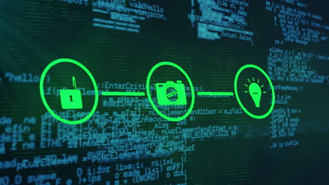 Digital Data Flow with Security and Tech Icons Animation