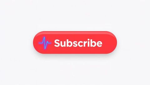 Minimal glossy red subscribe button featuring blue waveform icon on clean white canvas