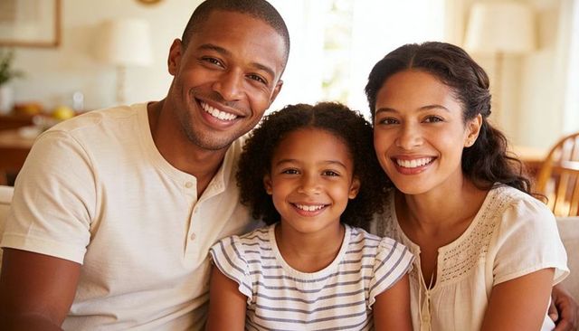 Smiling parents and daughter on couch sharing warm moment, cozy living room family portrait