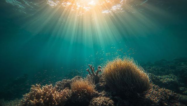 Sunlit coral reef with fish underwater scenery