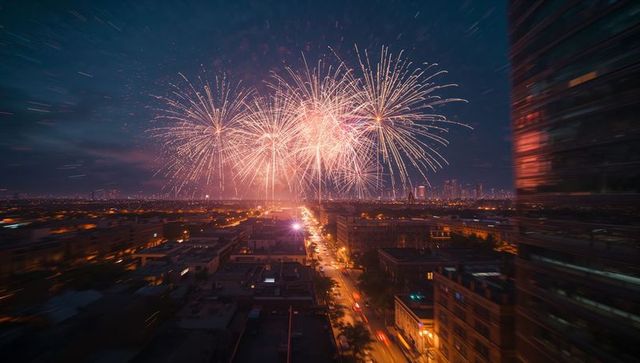 Fireworks Burst Over Cityscape at Nightfill Evening Sky