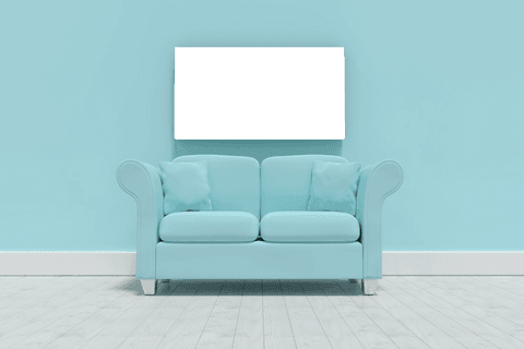 Transparent living room interior with blue sofa and tv