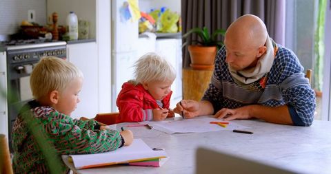 Father and Children Engaged in Creative Drawing Activity at Home - Download Free Stock Images Pikwizard.com