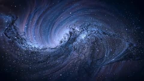 Camera pulling closer revealing luminous swirling nebula rotating and shedding stars in deep space