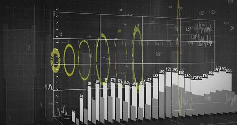 Visualizing 3d analytics dashboard with rising bar chart, numeric labels, circular rings