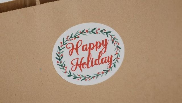 Happy holiday sticker on kraft gift box featuring festive wreath and red script label