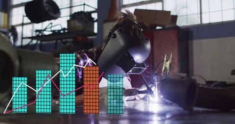 Female Welder Performing Arc Welding in Industrial Workshop with Analytics Graph Overlay