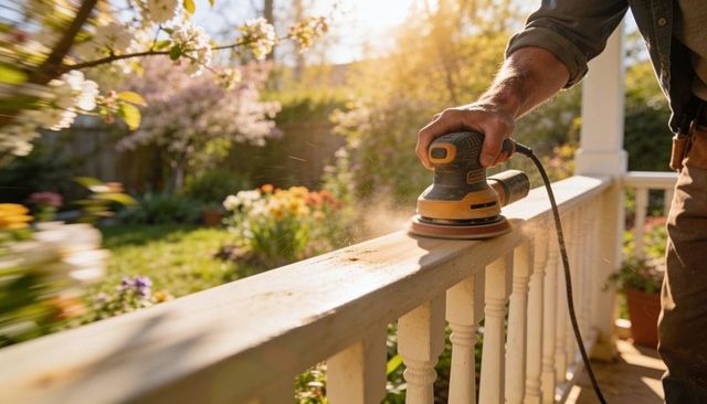 Handyman sanding porch railing with orbital sander at sunset diy restoration and maintenance