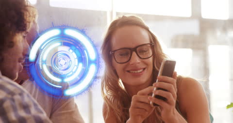 Animated Scan Interface Concept with Smiling Woman Using Smartphone