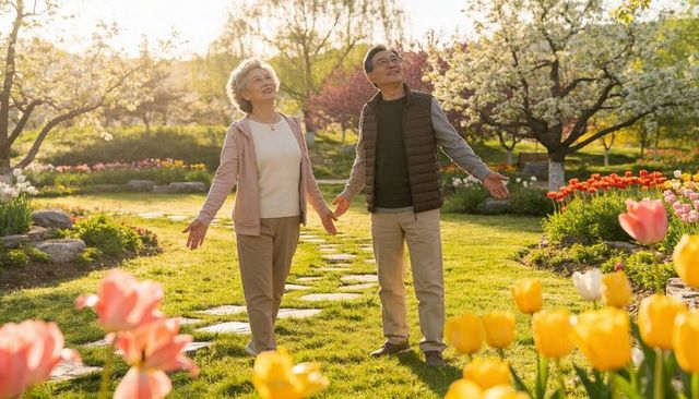 Senior asian couple strolling hand in hand through sunlit spring garden of tulips