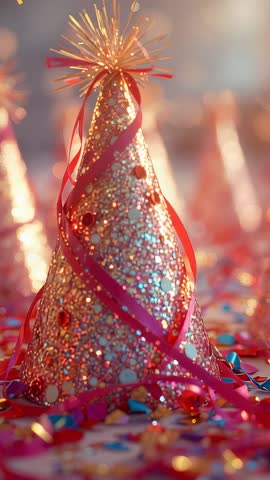 Camera shifting focus, glitter party hat sparkling amid ribbons and confetti, warm bokeh
