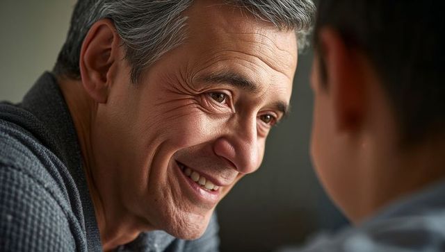 Smiling middle-aged father sharing warm moment with child, closeup emotional portrait