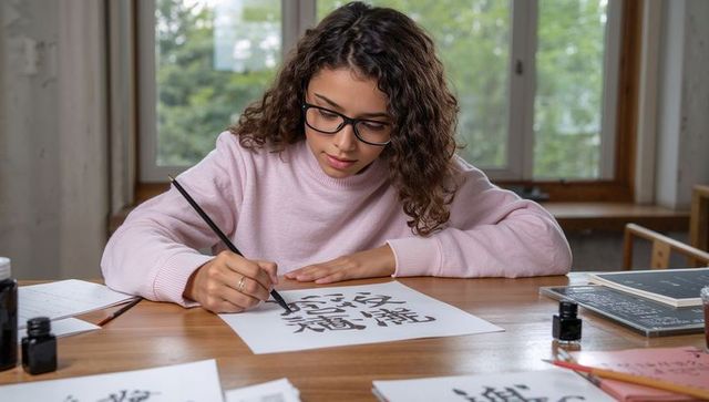 Young student with glasses practicing calligraphy with brush and ink at wooden table