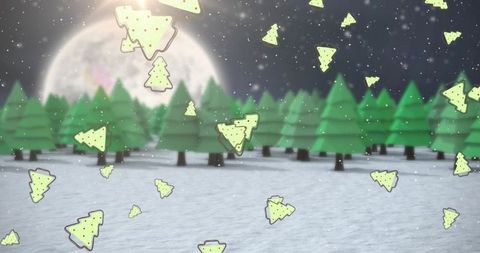 Moonlit winter forest with floating tree confetti, geometric trees and snowy landscape