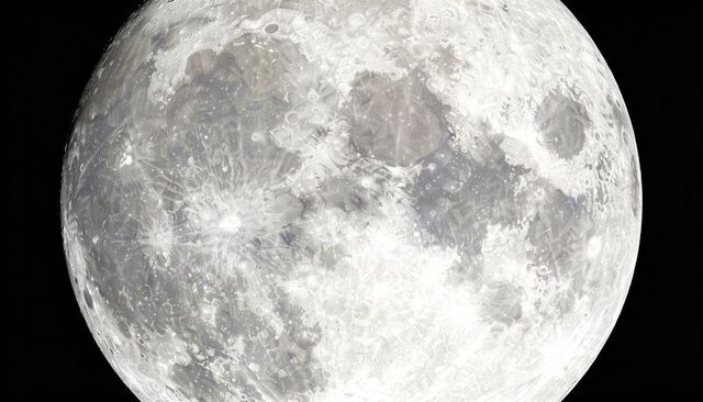 High-resolution full moon revealing mare plains, crater rays and rugged lunar highlands