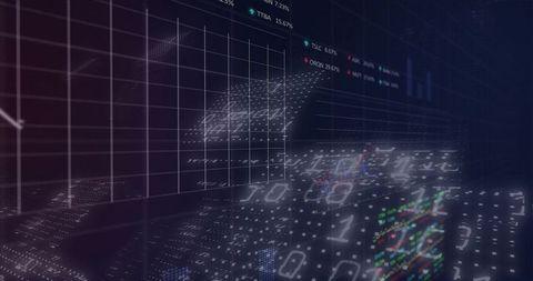 Holographic market dashboard emerging from darkness with binary matrix and neon analytics