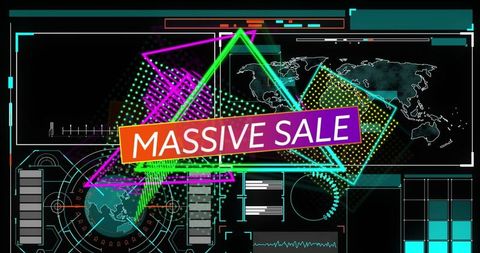 Futuristic neon interface massive sale banner with digital hud