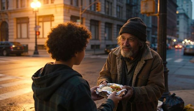 Teen handing hot meal to homeless elder on urban street at dusk, compassionate moment