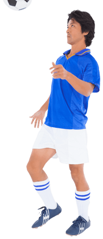 Athlete in Blue Jersey Receiving Football Mid-Air with Focus